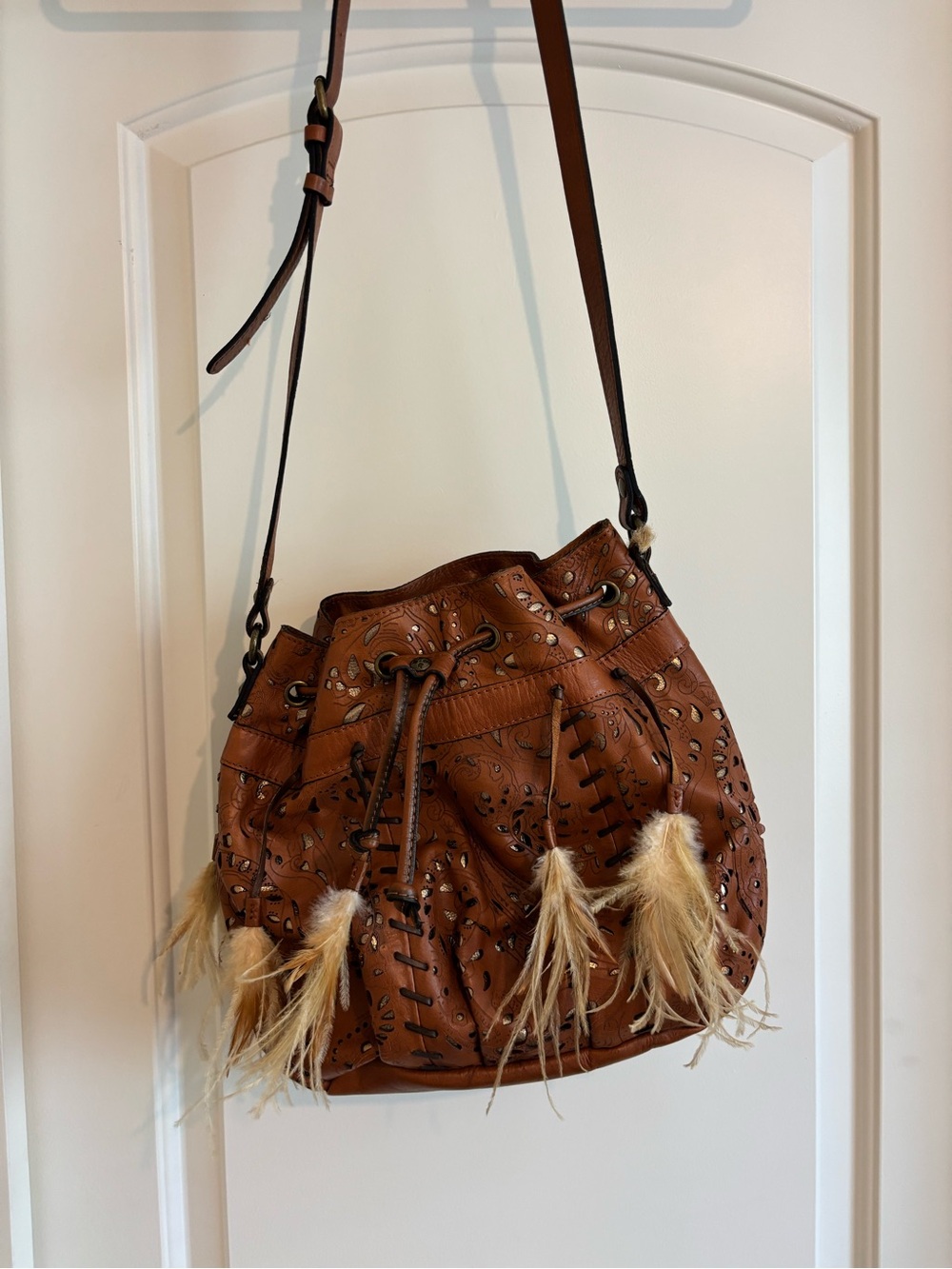 Patricia Nash Feather Laser Cut Leather Bucket Shoulder Handbag